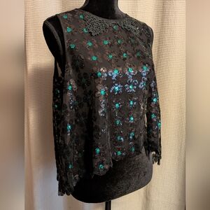 Free People New Romantics Black And Teal Sleeveless Sheer Floral Sequin Large